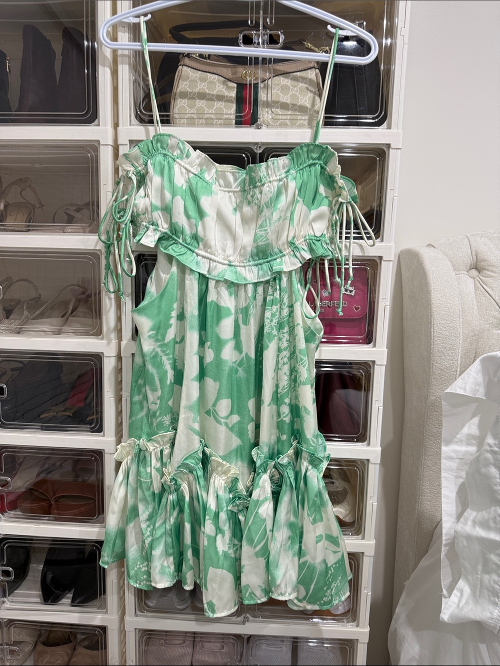 ASOS Green & White Floral Off-Shoulder Mini Dress
